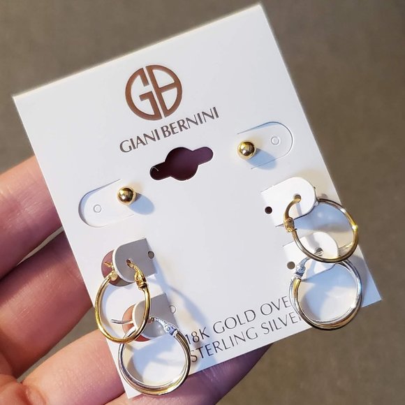 GIANI BERNINI 3PC. Set Small Hoop Ball Stud Earrings Sterling Silver & 18K Gold - Picture 3 of 8